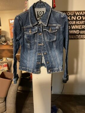 XOXO Women's Distressed Blue Denim Jacket Cropped and Fitted Size Small